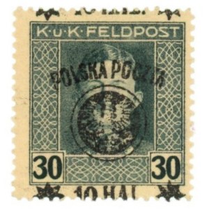 Drugie wydanie lubelskie 1918, znaczek z silnie przesuniętym nadrukiem, gwarancja (948)