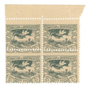 Górny Śląsk, wydanie definitywne Komisji Rządzącej, 1920. Czworoblok z przesuniętą perforacją (962)