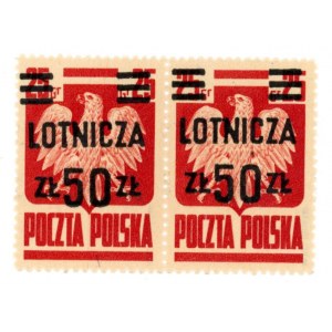 Przedrukowe wydanie lotnicze, 1947. Parka znaczków za 50 zł./25 gr. w kolorze czerwonym, z błędem na znaczku (968)