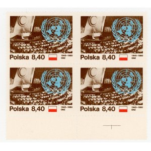 35. rocznica powstania ONZ, 1980, prawy górny znaczek z błędem ścięte a w Polska (973)