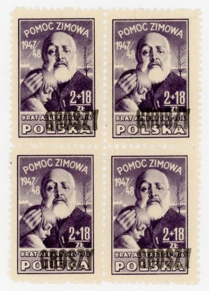 Brother Albert 1947/50, winter relief issue, quadruple block of stamps for 2+18 zlotys printed with a penny (979)