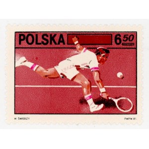 60-lecie Polskiego Związku Tenisowego, 1981. Znaczek z błędem plama nad skarpetą na lewej nodze (992)
