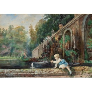 ETTORE ROESLER FRANZ (Roma 1845 - 1907), Child playing in Villa D'Este