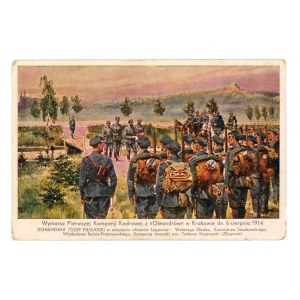 Pocztówka patriotyczna - Wymarsz Pierwszej Kompanii Kadrowej z Oleandrów w Krakowie 6.08.1914(1836)
