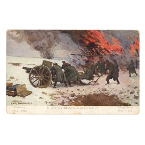 Pocztówka artystyczna - I wojna światowa, Austriacka artyleria polowa w ogniu w 1914 r. (2095)