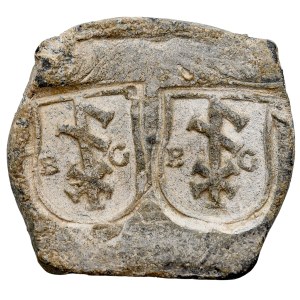 Gdańsk, Żeton bez daty - XVII w., jednostronny, A.: Dwa gmerki, po bokach litery B-G.