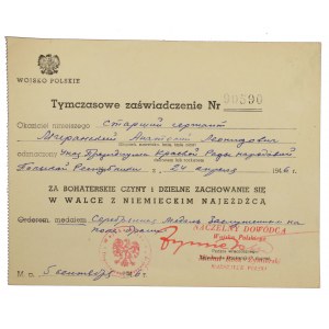 PRL, Tymczasowe Zaświadczenie nadania, Srebrny Medal Zasłużony na Polu Chwały, 1946 (520)