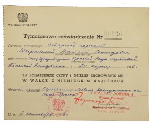 People's Republic of Poland, Provisional Certificate of Award, Silver Medal for Meritorious Service in the Field of Glory, 1946 (520)