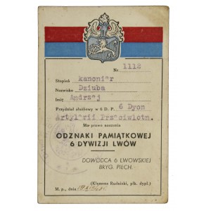 PSZnZ, Legitymacja do Odznaki Pamiątkowej 6 Dywizji Lwów, 1943 (521)