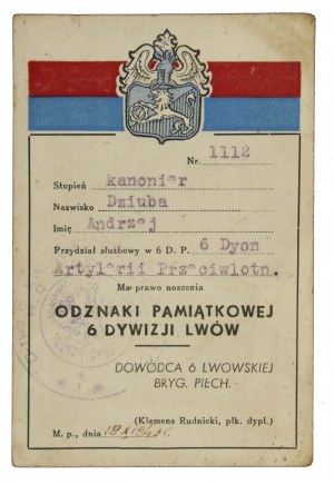 PSZnZ, Legitimation for the Commemorative Badge of the 6th Lviv Division, 1943 (521)