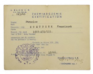 PSZnZ, 6th Carpathian Rifle Battalion, certificate, Star for War 1939-45 and Star of Italy (522)