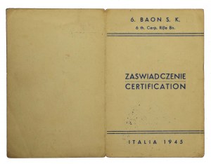 PSZnZ, 6th Carpathian Rifle Battalion, certificate, Star for War 1939-45 and Star of Italy (522)