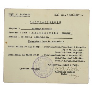 PSZnZ, 4 Pułk Pancerny, zaświadczenie, Medal Wojska i Medal za Wojnę 1939-45 (523)