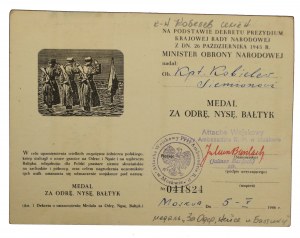 People's Republic of Poland, Medal for Oder, Neisse, Baltic with ID card, Embassy in Moscow 1946 (525)