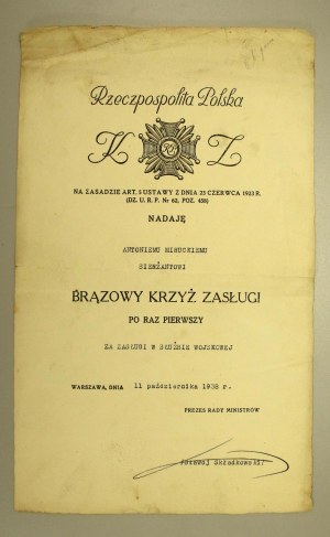II RP, diploma awarding Bronze Cross of Merit, for sergeant 1938 (788)