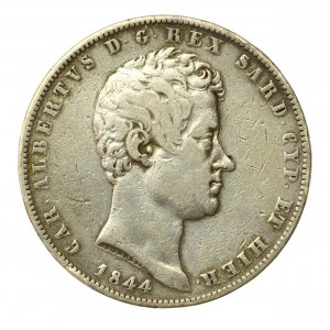 Włochy, Królestwo Sardynii, Karol Albert, 5 lirów 1844 P, Genua. Rzadki rocznik (591)
