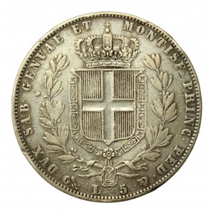 Włochy, Królestwo Sardynii, Karol Albert, 5 lirów 1844 P, Genua. Rzadki rocznik (591)