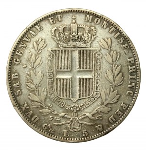 Italy, Kingdom of Sardinia, Charles Albert, 5 lire 1844 P, Genoa. Rare vintage (591)