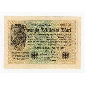 Niemcy, 20 milionów marek 1923 z antysemickim nadrukiem na rewersie SOWJED JUDE RADECK, judaika (478)