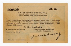 Warsaw, Certificate of execution of the contribution obligation of 30 zlotys 1944 (354)
