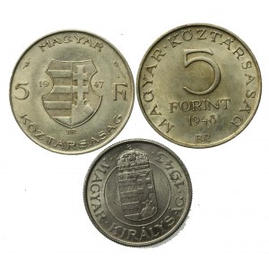 Węgry, zestaw 2 pengo i 5 forintów 1943-1948. Razem 3 szt. (996)