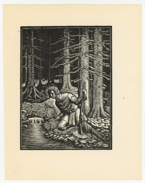 Władysław Skoczylas. Chłopiec nad strumieniem - ilustracja do ,,Puszczy Jodłowej