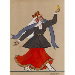 Zofia Stryjeńska (1891 Krakov - 1976 Ženeva), Lidový kroj z Vilniusu - list XXXIX z portfolia Kroje polských rolníků, 1939.