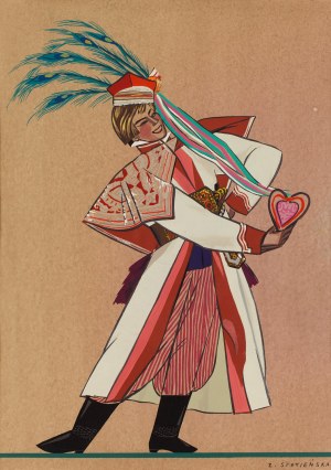 Zofia Stryjeńska (1891 Kraków - 1976 Genewa), Chłop z Krakowskiego, plansza I z teki 'Polish Peasants' Costumes', 1939