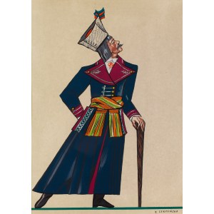 Zofia Stryjeńska (1891 Krakov - 1976 Ženeva), Rolník z Wilanowa u Varšavy, list VII z portfolia Kroje polských rolníků, 1939