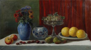 Painter INDEPENDENT (20th century), Still life with vases, platter and fruit
