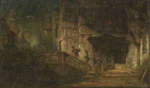 19th century painter, the circle of Carl Spitzweg (1808-1885), Soldiers in an urban nightscape