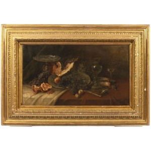19th century painter, Still life with game and fruit on a table