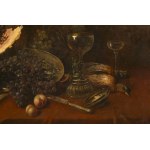 19th century painter, Still life with game and fruit on a table