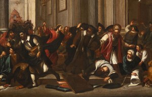 Italian painter at the beginning of the 17th century, JESUS DRIVES THE MERCHANTS OUT OF THE TEMPLE