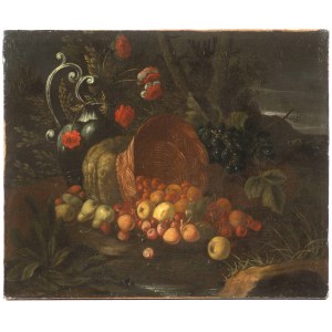 Painter 18th century, probably Italy, Still life with fruit and flowers on black ground
