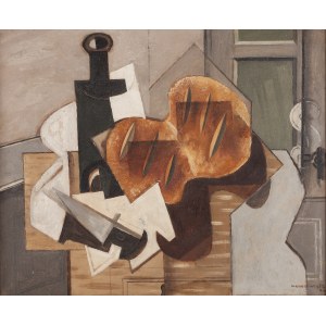 Louis (Ludwik Kazimierz) Marcoussis (Markus) (1878 Warszawa - 1941 Cousset k. Vichy), Kompozycja kubistyczna z nożem, butelką i chlebem bretońskim (Couteau, bouteille et pain breton), 1929