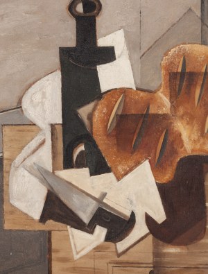 Louis (Ludwik Kazimierz) Marcoussis (Markus) (1878 Warszawa - 1941 Cousset k. Vichy), Kompozycja kubistyczna z nożem, butelką i chlebem bretońskim (