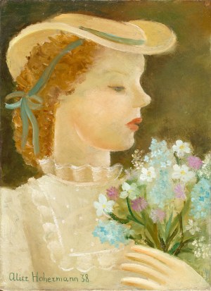 Alicja Hohermann (1902 Warszawa - 1943 Treblinka), Portret dziewczyny z bukietem kwiatów, 1938