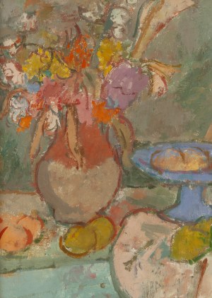 Zygmunt Landau (1898 Łódź - 1962 Tel Aviv), Martwa natura z bukietem kwiatów, owocami i butelką