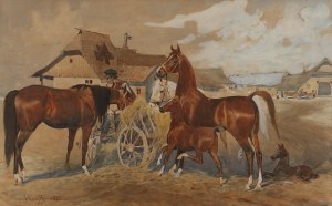 Juliusz Holzmüller (1876 Bolechów - 1932 Lwów), Konie przed zagrodą, 1905