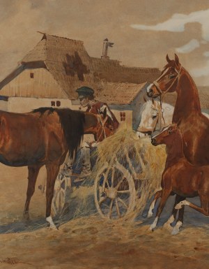 Juliusz Holzmüller (1876 Bolechów - 1932 Lwów), Konie przed zagrodą, 1905