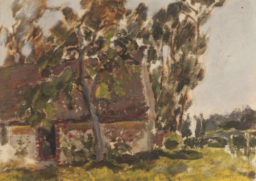 Mieczysław Tadeusz Janikowski (1912 Zaleszczyki - 1968 Kraków), Pejzaż z wiejskim domem, lata 30. XX wieku