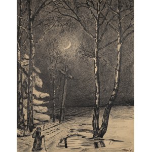 R. ULLGNOW. (19th / 20th century), Rural road with birches and cross in Podlasie, 1928