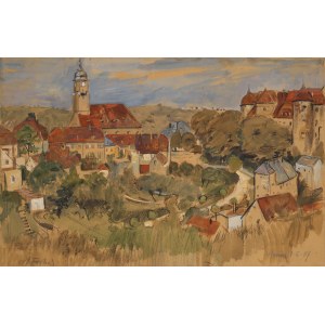 Hans FRITSCH (1870-1945), Widok na saskie miasteczko Nossen k.Miśni z zamkiem króla Polski Augusta Mocnego, 1907