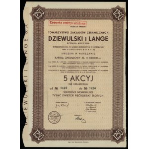 Polsko, 5 akcií po 250 zlotých = 1 250 zlotých, 1937, Varšava
