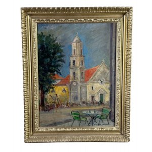 ANGELA CARUGATI, Strada con chiesa e figure - Angela Carugati (1881 - 1977)
