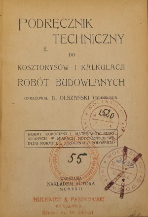 Olszanski D. - Technical manual for cost estimates and calculation of construction works, Warsaw 1922