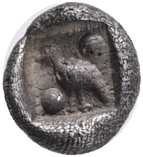 CARIA, incertum. Mylasa or Miletos (?). AR Tetartemorion, c. 420-390 BC. Obv. Forepart of Lion right. Rev. Bird within rectangular incuse, two dots in fields. SNG Kayhan - (940-3 for obverse and 944-5 for reverse); SNG Keckman - (cf. 925-7 for obverse and