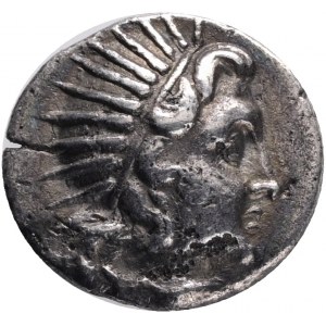 Islands off Caria, Rhodes. Rhodes. Ca. 188-170 B.C. AR drachm,Aristoboulos, magistrate.Obv.: Radiate head of Helios right, Rev.: Rose with bud to right; club to left, APIΣTOBOYΛOΣ above; all within incuse square.Ref.: Jenkins, Rhodian, Group A, 10; SNG Ke