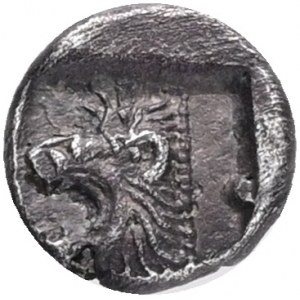 Kyzikos AR Obol. Circa 450-400 BC.  Obv.:Forepart of boar to left, tunny fish behind , Rev.: Head of roaring lion to left within incuse square.Ref.: SNG France 361 ff. AG 0,4g